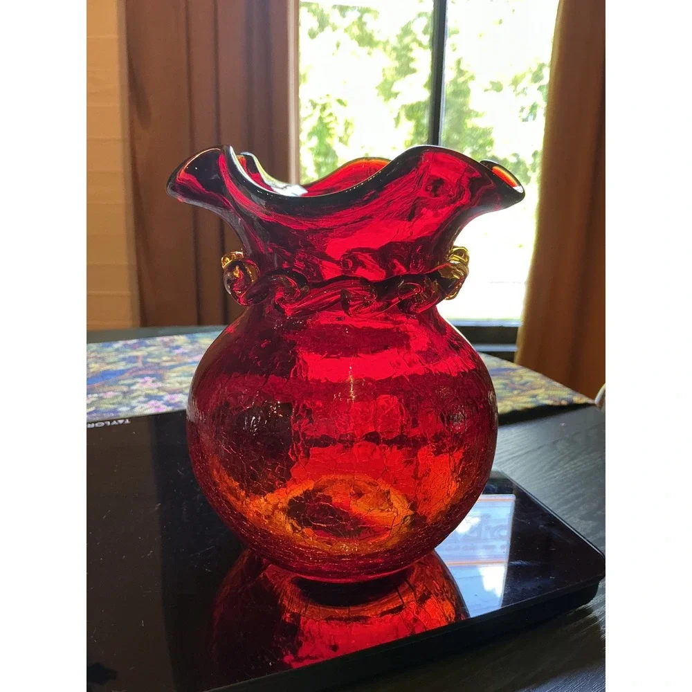 Vintage MCM Amberina Red Crackle Glass 6